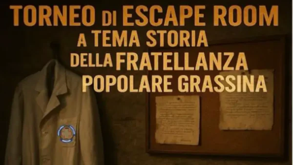 promo escape room gruppo giovani fratellanza popolare di Grassina. Stanza buia con camice da dottore e fogli antichi appesi alla parete