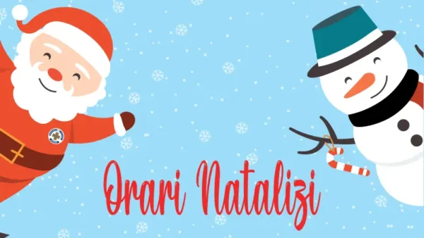 Orari natalizi, grafica con un Babbo natale e un pupazzo di neve